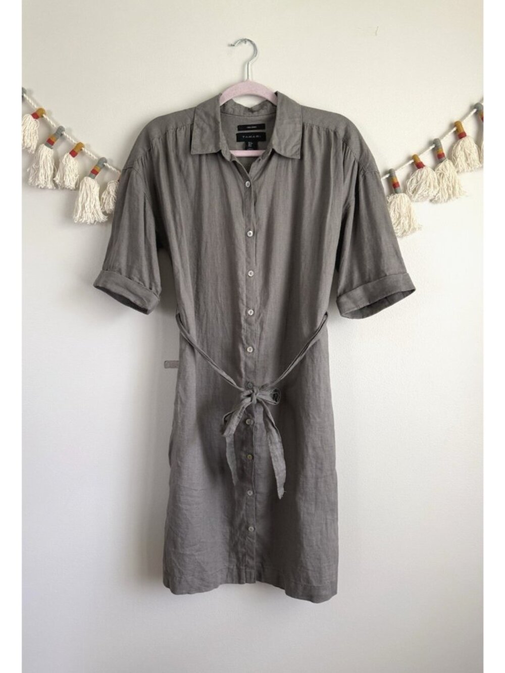 Tahari 100% Linen Gray Collared Belt Midi Shirt Dress Coastal Beach Lightweight